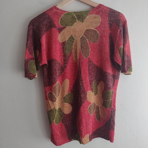 Vintage 90s Maierte Metallic Floral Top M Psychedelic Baby Tee Y2K - Picture 7 of 9